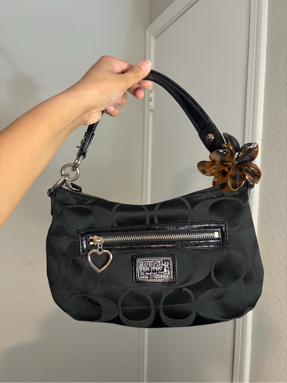 Coach Poppy Black Signature Jacquard Wristlet with Heart Charm